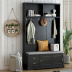 Porte-manteau avec banc à porte coulissante, coussin, poignée argentée, et armoire de rangement