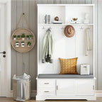 Porte-manteau avec banc à porte coulissante, coussin, poignée argentée, et armoire de rangement