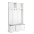 Porte-manteau avec banc à porte coulissante, coussin, poignée argentée, et armoire de rangement