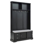 Porte-manteau avec banc à porte coulissante, coussin, poignée argentée, et armoire de rangement