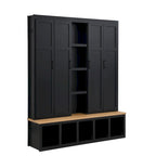 Meuble d'entrée 4-en-1 avec 6 patères, meuble à chaussures avec compartiments ouverts, banc en bois avec plusieurs espaces de rangement