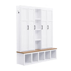 Meuble d'entrée 4-en-1 avec 6 patères, meuble à chaussures avec compartiments ouverts, banc en bois avec plusieurs espaces de rangement