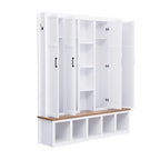 Meuble d'entrée 4-en-1 avec 6 patères, meuble à chaussures avec compartiments ouverts, banc en bois avec plusieurs espaces de rangement