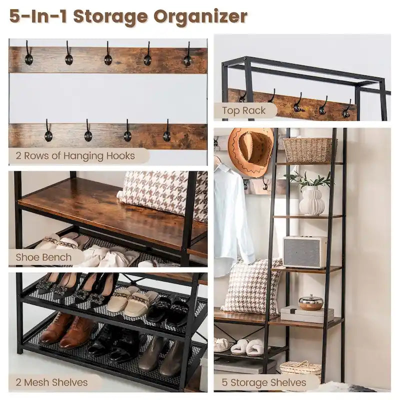 Meuble d'entrée 5 en 1 : porte-manteau, banc à chaussures et rangement, autoportant