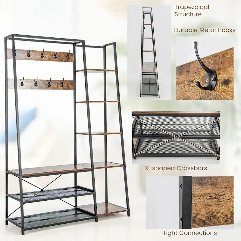 Meuble d'entrée 5 en 1 : porte-manteau, banc à chaussures et rangement, autoportant