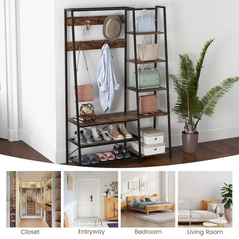 Meuble d'entrée 5 en 1 : porte-manteau, banc à chaussures et rangement, autoportant
