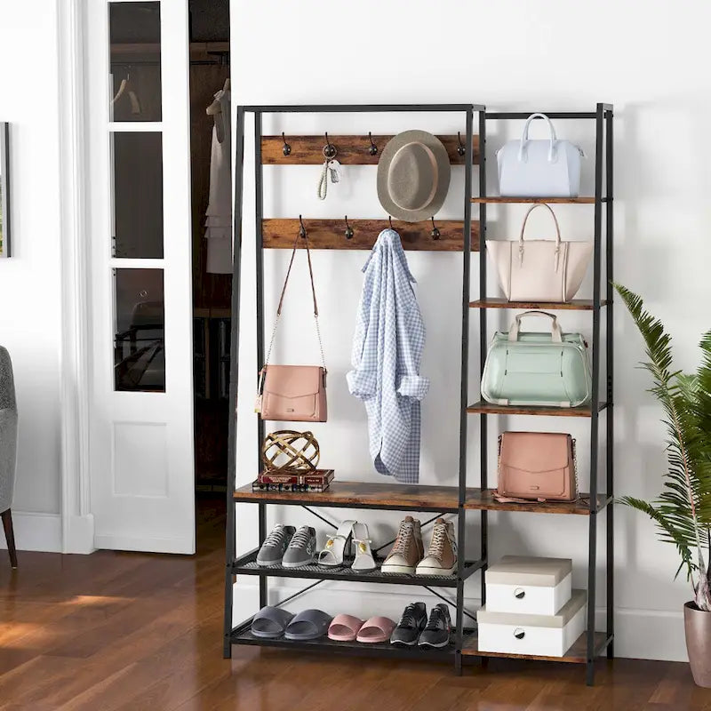 Meuble d'entrée 5 en 1 : porte-manteau, banc à chaussures et rangement, autoportant