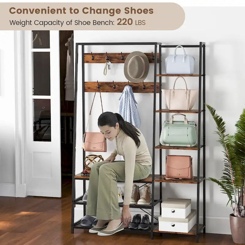 Meuble d'entrée 5 en 1 : porte-manteau, banc à chaussures et rangement, autoportant