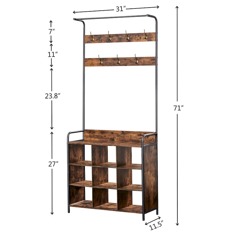 Meuble d'entrée 3 en 1 en bois marron antique avec porte-manteau et 7 crochets