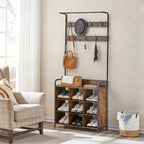 Meuble d'entrée 3 en 1 en bois marron antique avec porte-manteau et 7 crochets