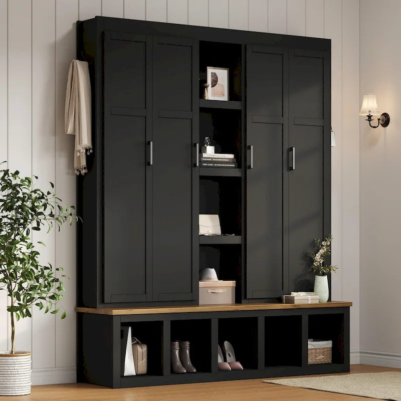 Arbre de hall 4-en-1 de style campagnard avec banc de vestiaire