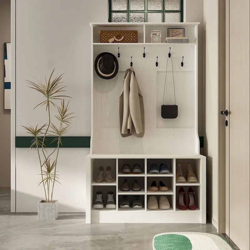 Meuble d'entrée avec banc, meuble à chaussures et patères, blanc