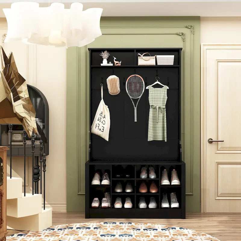 Meuble d'entrée avec banc, meuble à chaussures et patères, blanc
