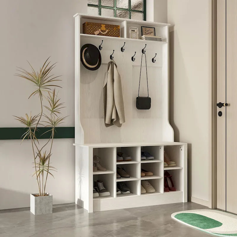 Meuble d'entrée avec banc, meuble à chaussures et patères, blanc