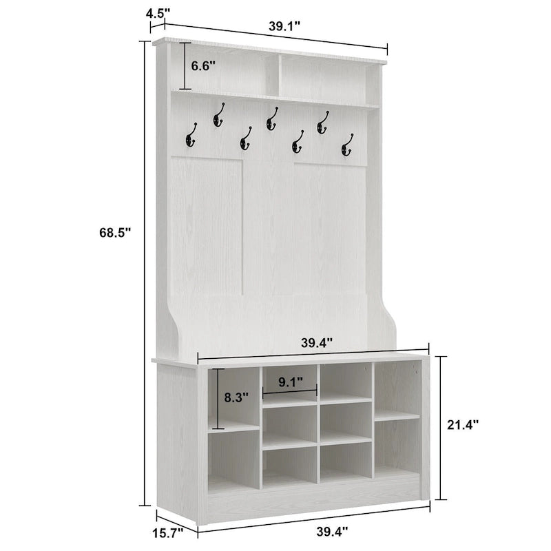 Meuble d'entrée avec banc, meuble à chaussures et patères, blanc
