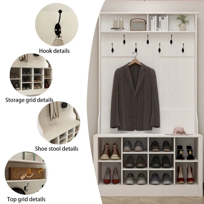 Meuble d'entrée avec banc, meuble à chaussures et patères, blanc
