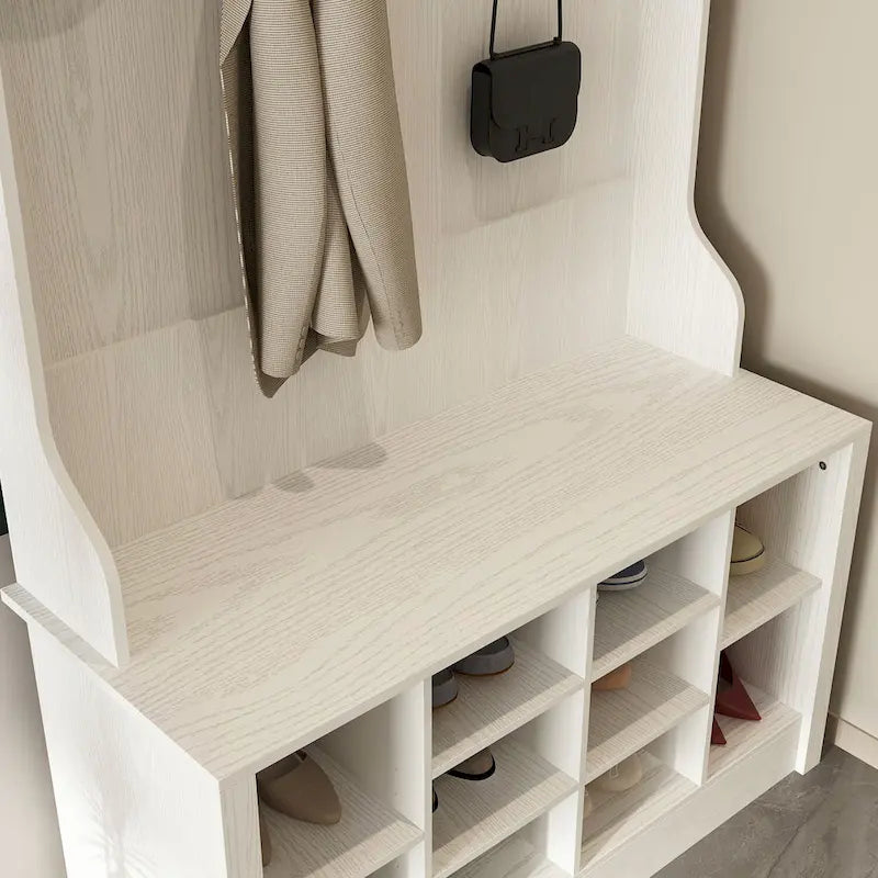 Meuble d'entrée avec banc, meuble à chaussures et patères, blanc