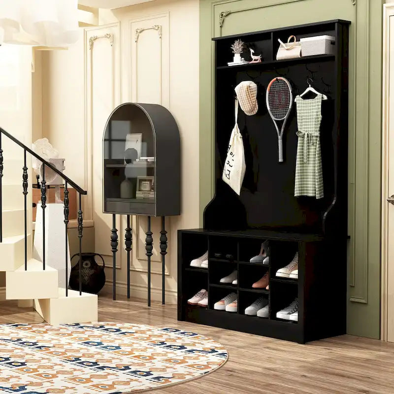 Meuble d'entrée avec banc, meuble à chaussures et patères, blanc