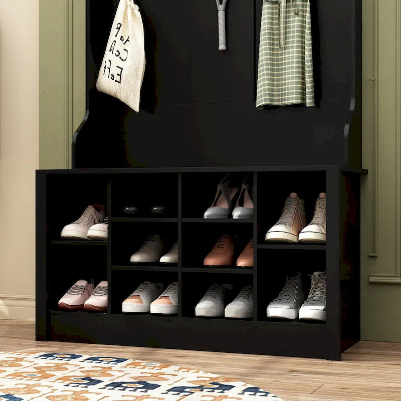 Meuble d'entrée avec banc, meuble à chaussures et patères, blanc