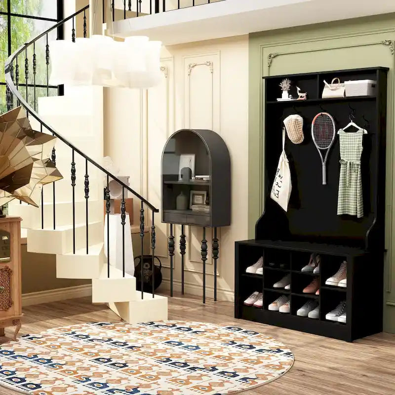 Meuble d'entrée avec banc, meuble à chaussures et patères, blanc