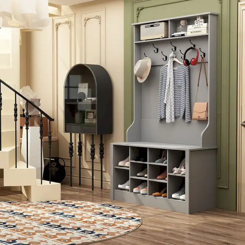 Meuble d'entrée avec banc, meuble à chaussures et patères, blanc