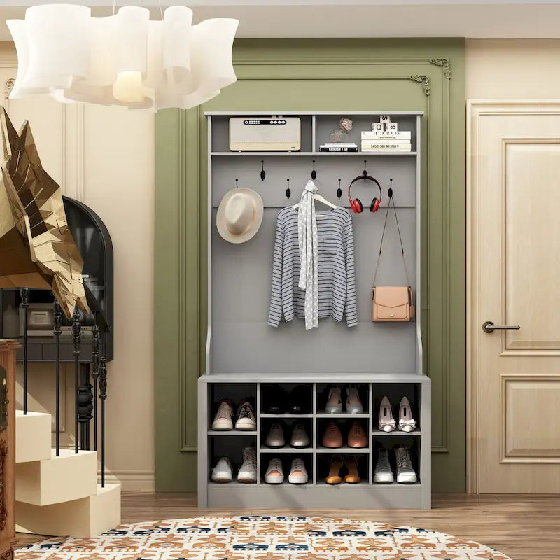 Meuble d'entrée avec banc, meuble à chaussures et patères, blanc