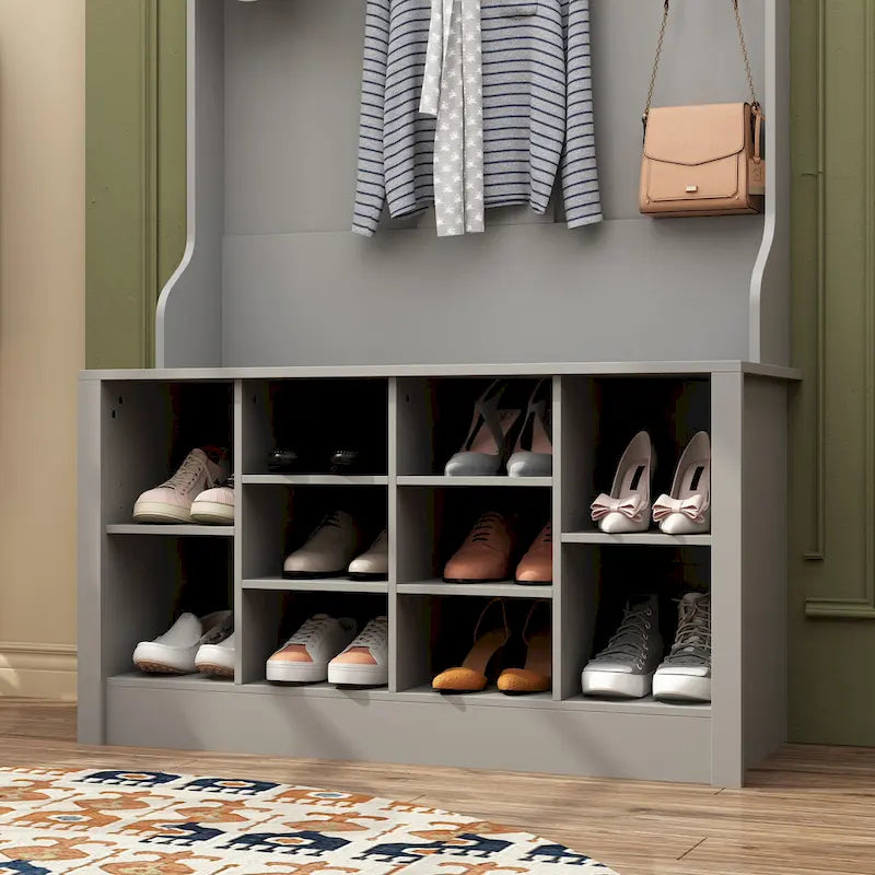 Meuble d'entrée avec banc, meuble à chaussures et patères, blanc
