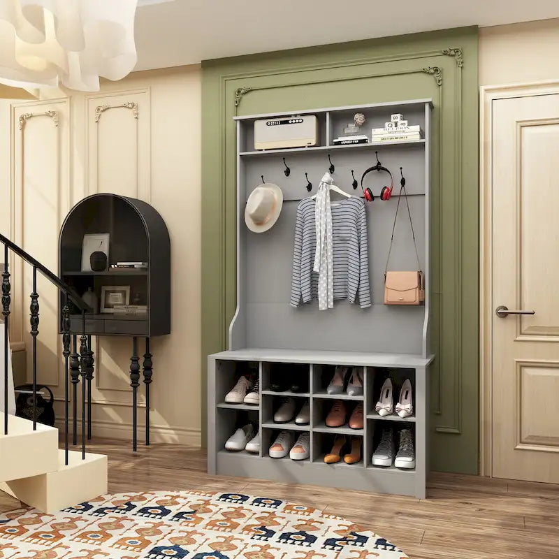 Meuble d'entrée avec banc, meuble à chaussures et patères, blanc