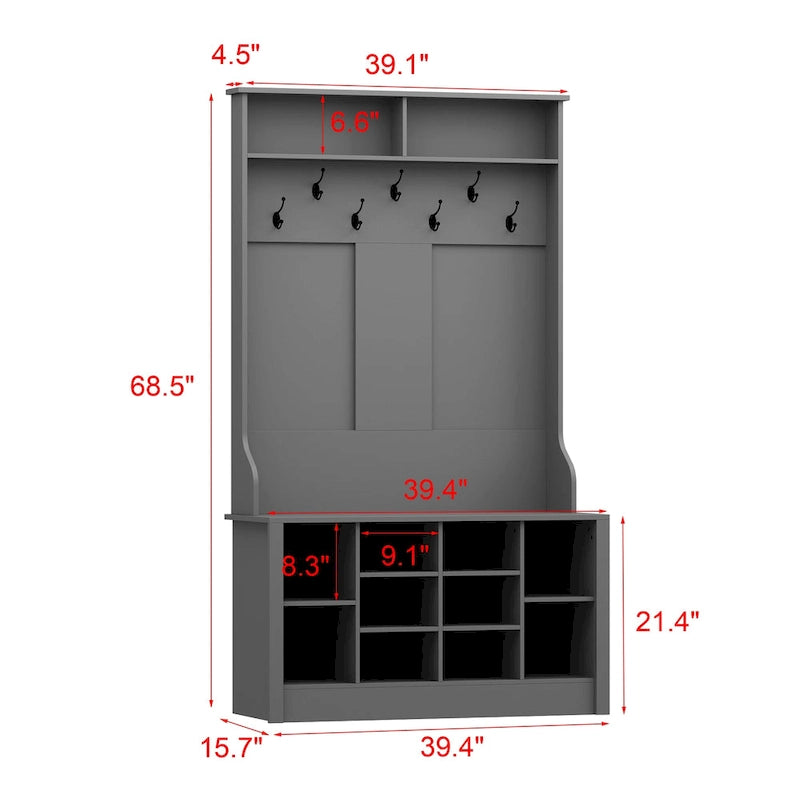 Meuble d'entrée avec banc, meuble à chaussures et patères, blanc