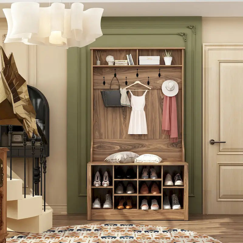 Meuble d'entrée avec banc, meuble à chaussures et patères, blanc