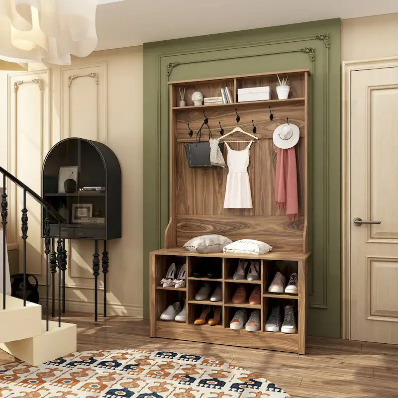 Meuble d'entrée avec banc, meuble à chaussures et patères, blanc
