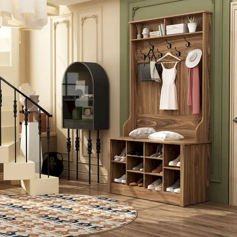 Meuble d'entrée avec banc, meuble à chaussures et patères, blanc