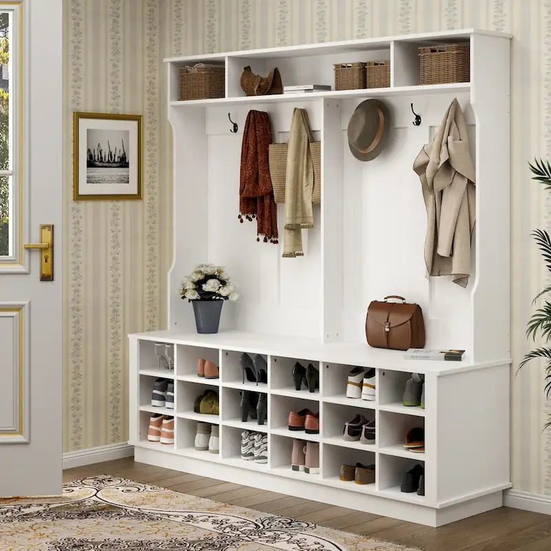 63W 18 Shoe Cubbies Wide Hall Tree With Hooks
