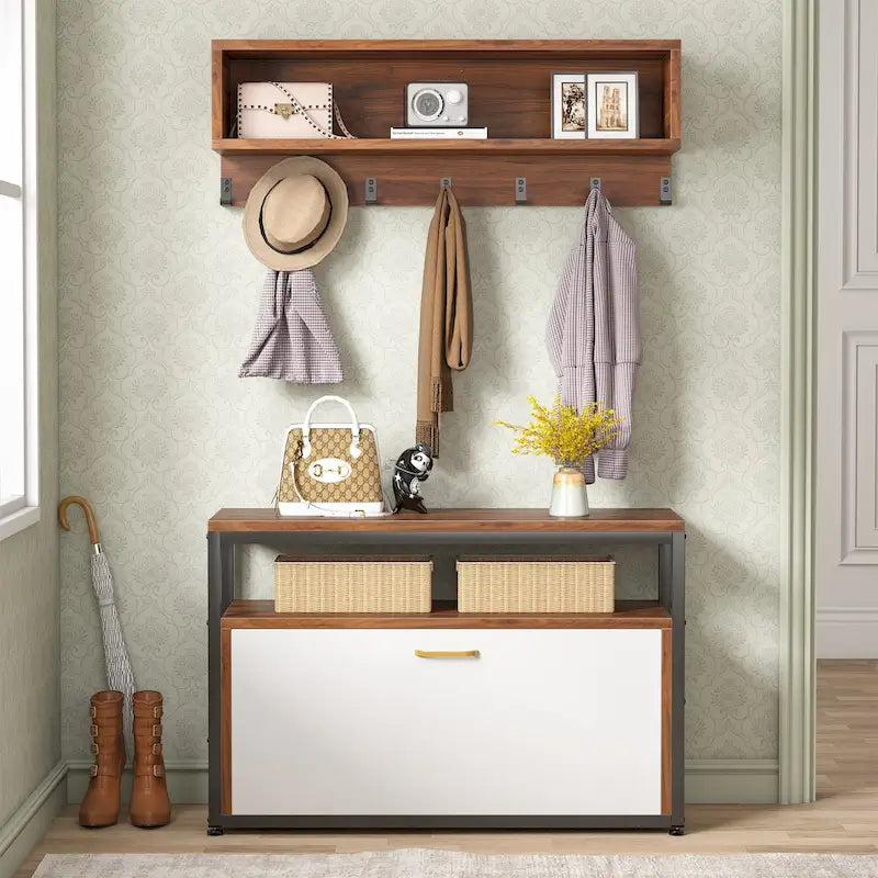 Meuble d'entrée avec porte-manteaux et banc à chaussures, Arbre à chaussures industriel avec porte-manteaux