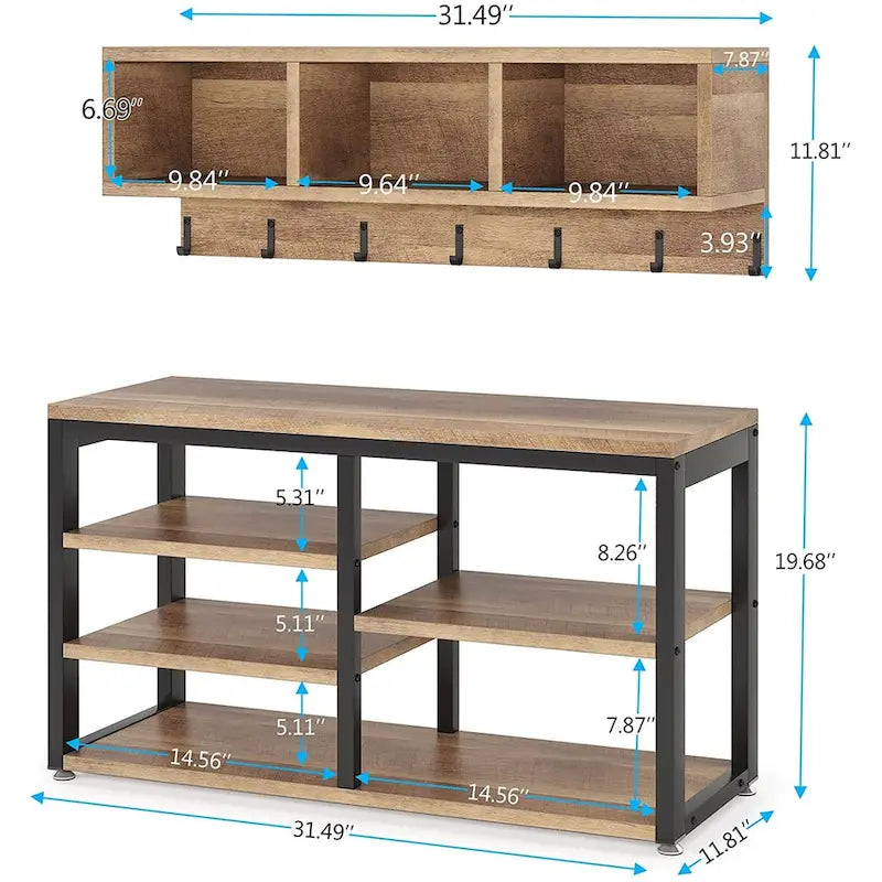 Meuble d'entrée avec porte-manteaux et banc à chaussures, Arbre à chaussures industriel avec porte-manteaux