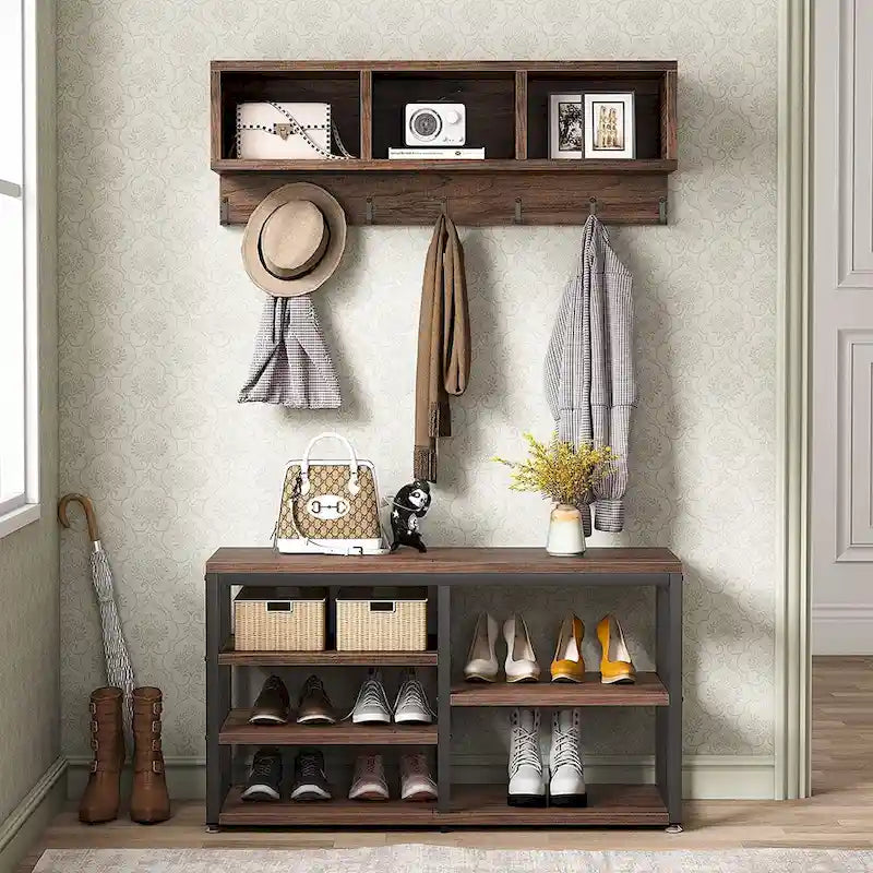 Meuble d'entrée avec porte-manteaux et banc à chaussures, Arbre à chaussures industriel avec porte-manteaux