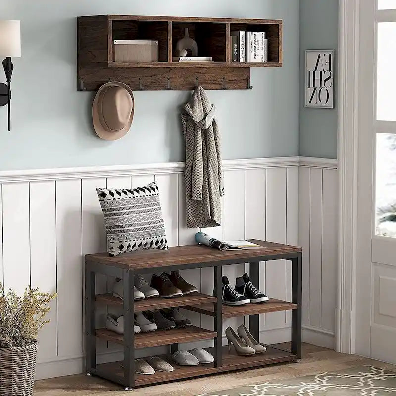 Meuble d'entrée avec porte-manteaux et banc à chaussures, Arbre à chaussures industriel avec porte-manteaux