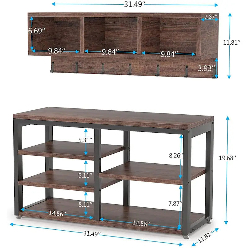 Meuble d'entrée avec porte-manteaux et banc à chaussures, Arbre à chaussures industriel avec porte-manteaux