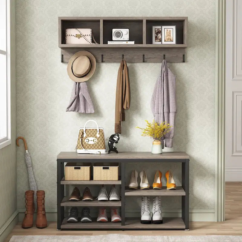 Meuble d'entrée avec porte-manteaux et banc à chaussures, Arbre à chaussures industriel avec porte-manteaux