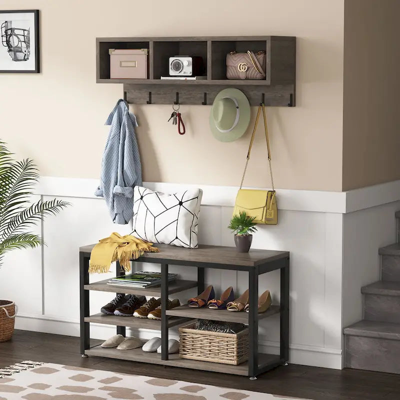 Meuble d'entrée avec porte-manteaux et banc à chaussures, Arbre à chaussures industriel avec porte-manteaux