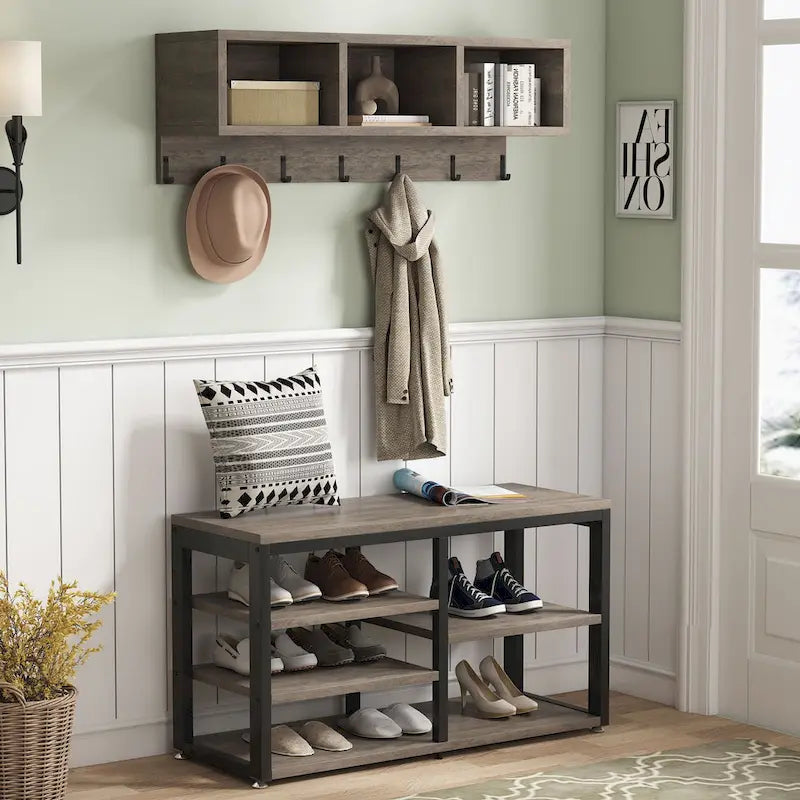 Meuble d'entrée avec porte-manteaux et banc à chaussures, Arbre à chaussures industriel avec porte-manteaux