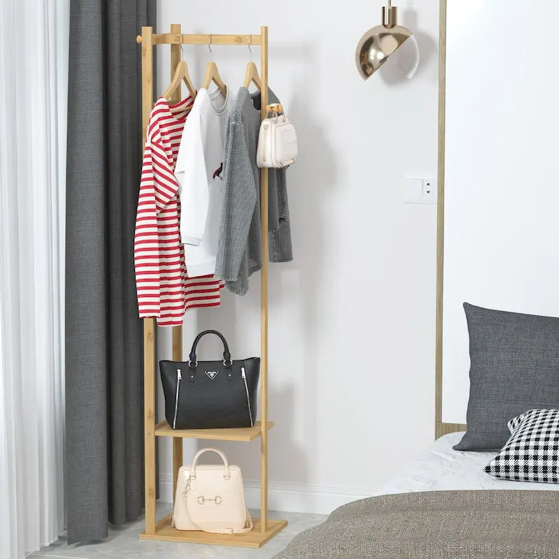 Porte-manteau autoportant de 15 po en bois massif avec rangement - Couleur bambou