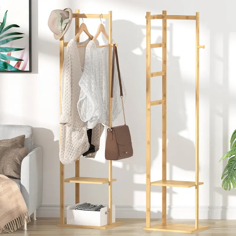 Porte-manteau autoportant de 15 po en bois massif avec rangement - Couleur bambou