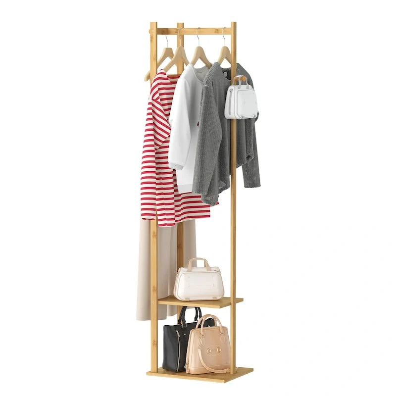 Porte-manteau autoportant de 15 po en bois massif avec rangement - Couleur bambou