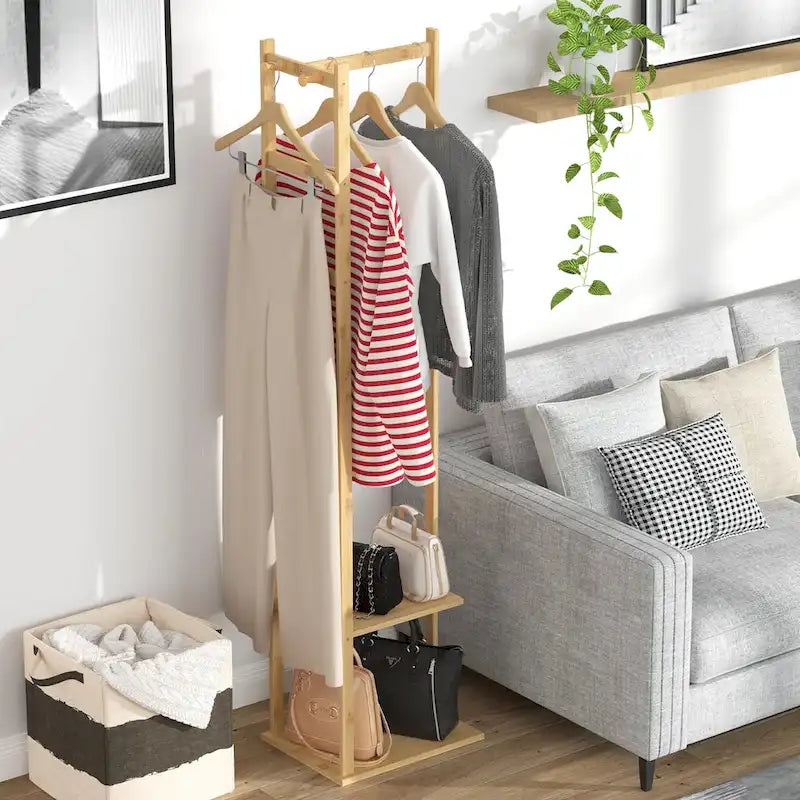 Porte-manteau autoportant de 15 po en bois massif avec rangement - Couleur bambou
