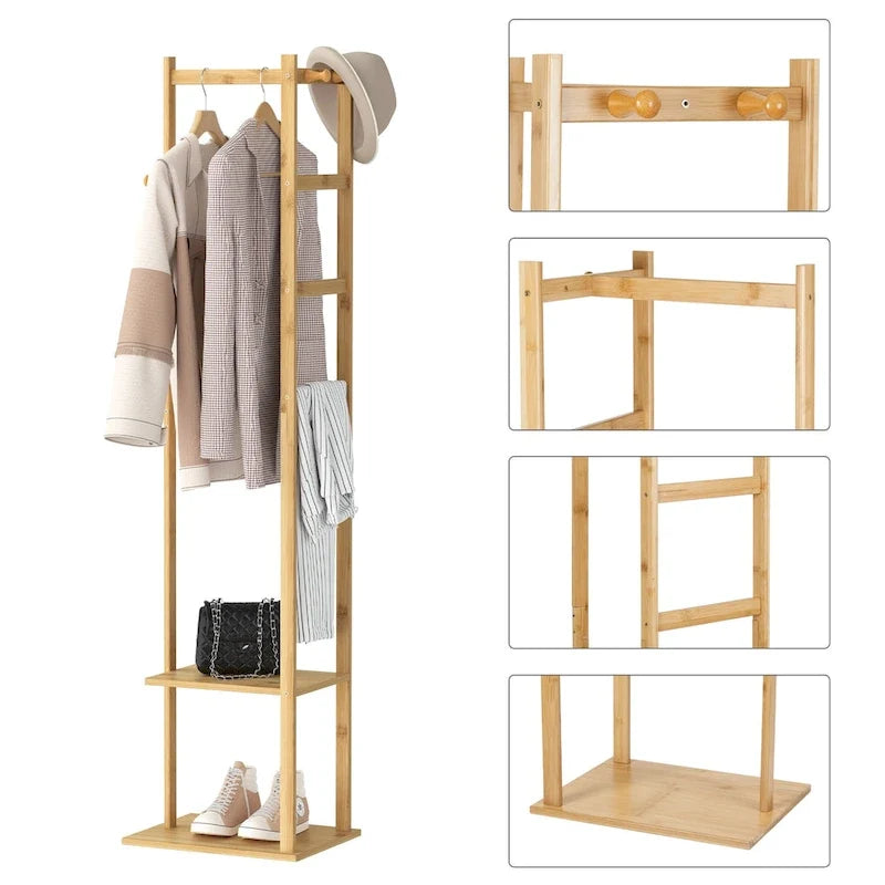 Porte-manteau autoportant de 15 po en bois massif avec rangement - Couleur bambou