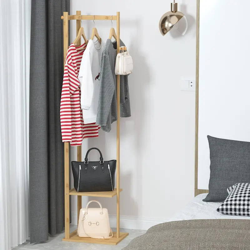 Porte-manteau autoportant de 15 po en bois massif avec rangement - Couleur bambou