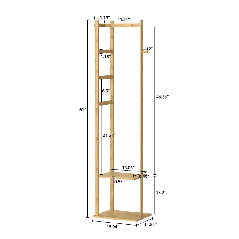 Porte-manteau autoportant de 15 po en bois massif avec rangement - Couleur bambou
