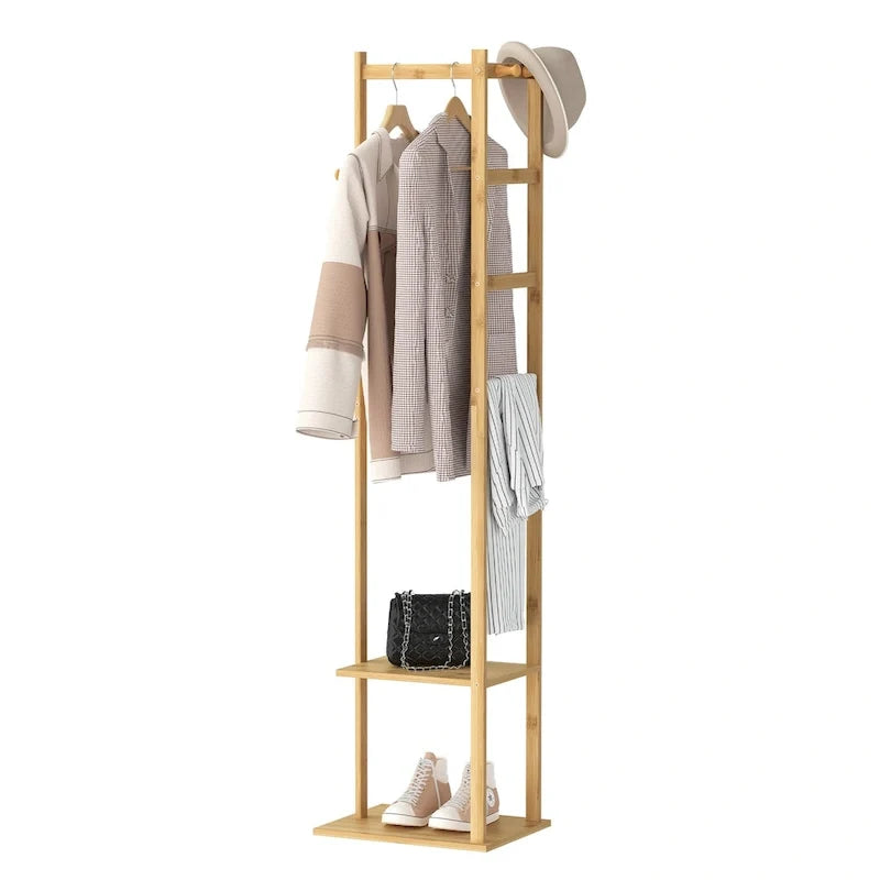 Porte-manteau autoportant de 15 po en bois massif avec rangement - Couleur bambou