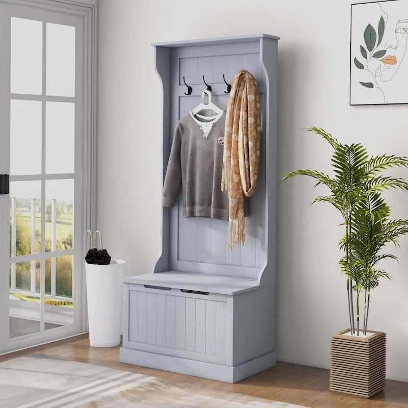 28 Vestiaire d'entrée 3-en-1 avec banc de rangement, porte-manteau à quatre crochets et rangement à chaussures, gris